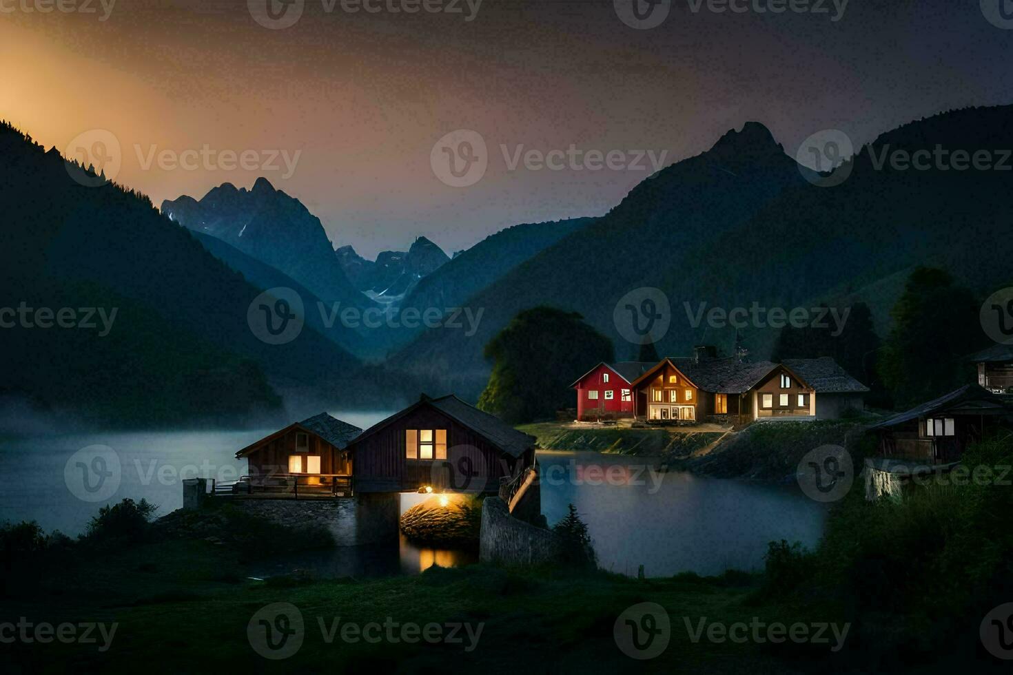 photo wallpaper the sky, mountains, lake, house, the moon, the sun, the mountains. AI-Generated