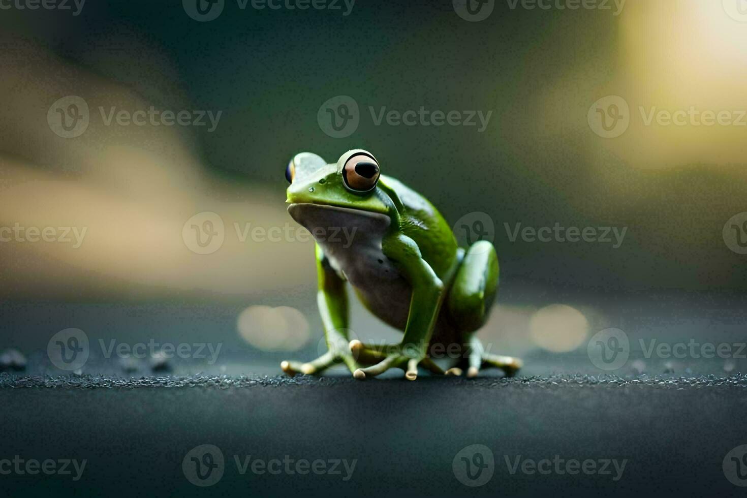 a frog sitting on the ground with a blurry background. AI-Generated photo