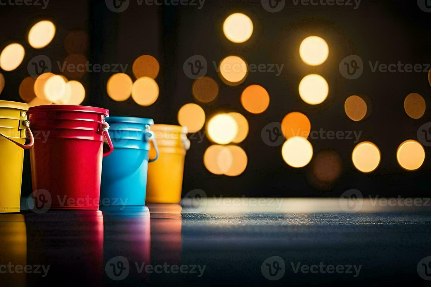 colorful buckets on a dark background. AI-Generated photo