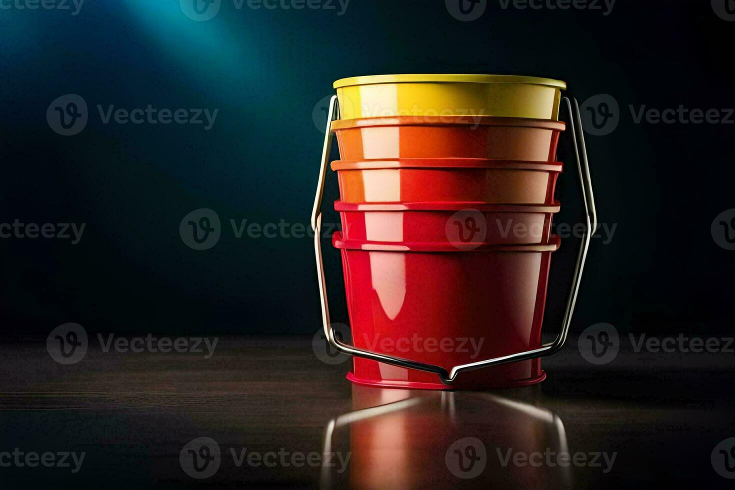 a stack of three colorful buckets on a table. AI-Generated photo