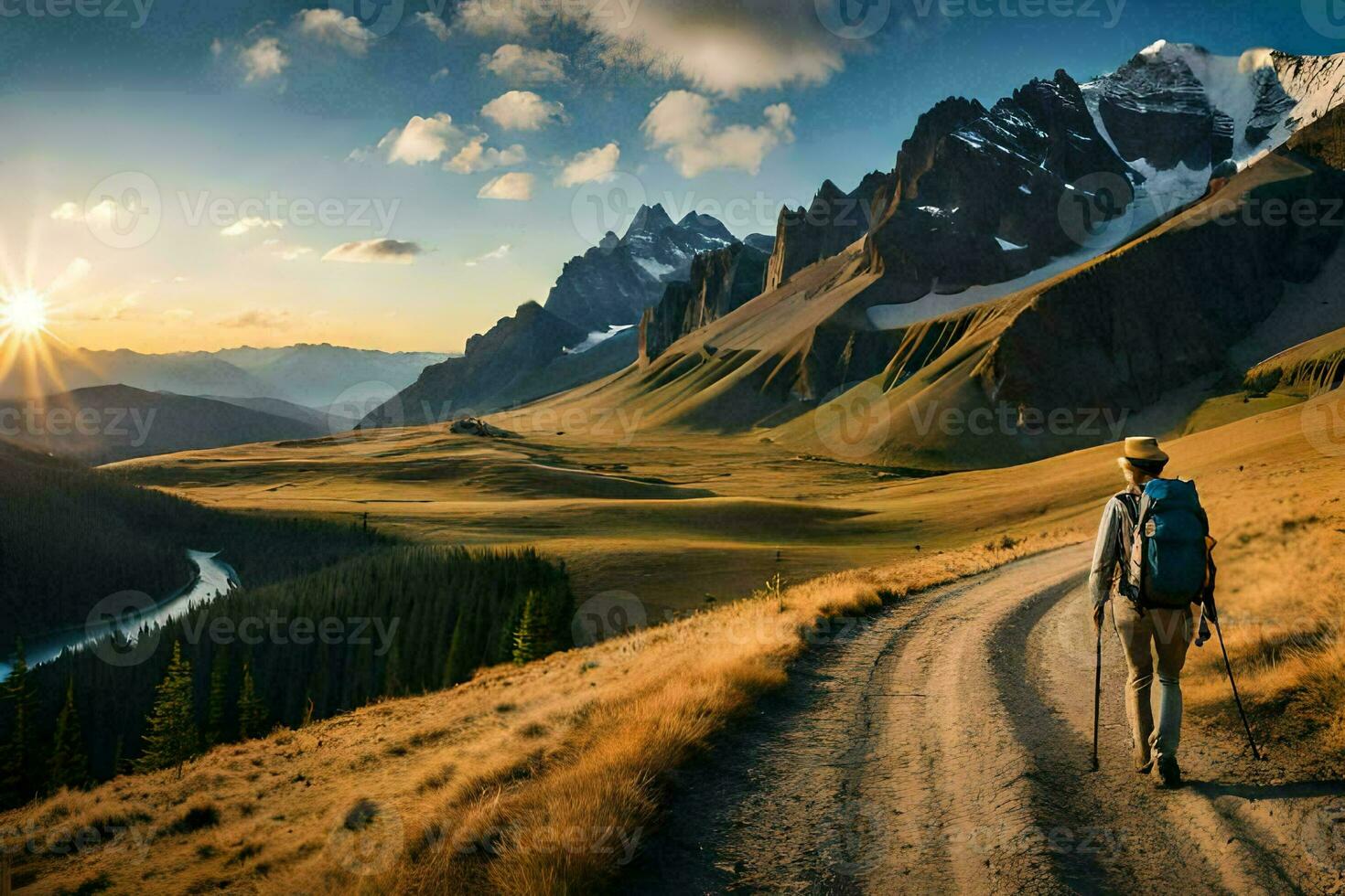 un hombre caminando en un suciedad la carretera en el montañas. generado por ai foto