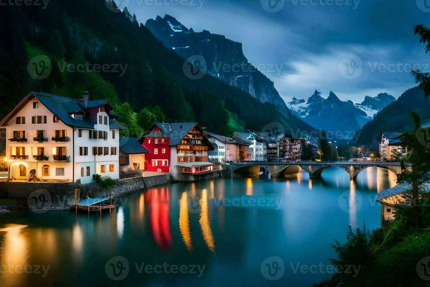photo wallpaper the sky, mountains, water, houses, bridge, town, switzerland, al. AI-Generated