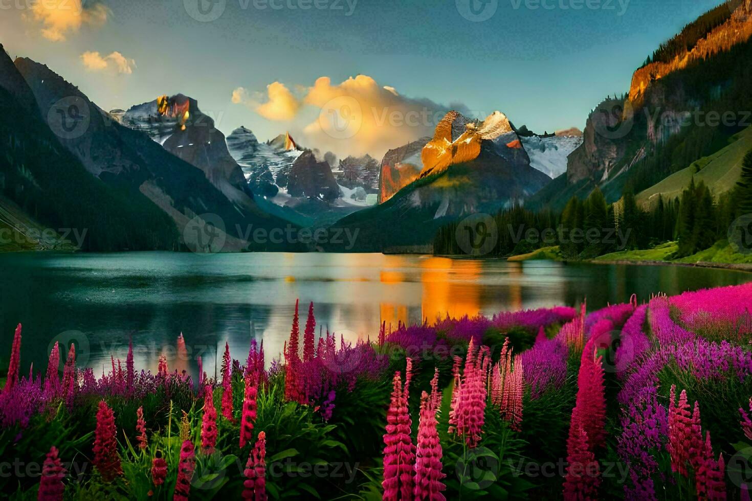 the lake is surrounded by purple flowers and mountains. AI-Generated photo