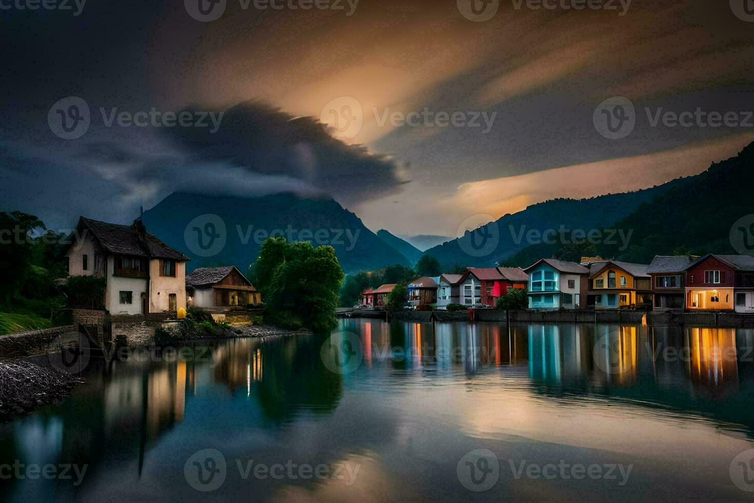 photo wallpaper the sky, clouds, mountains, water, houses, lake, slovenia,. AI-Generated