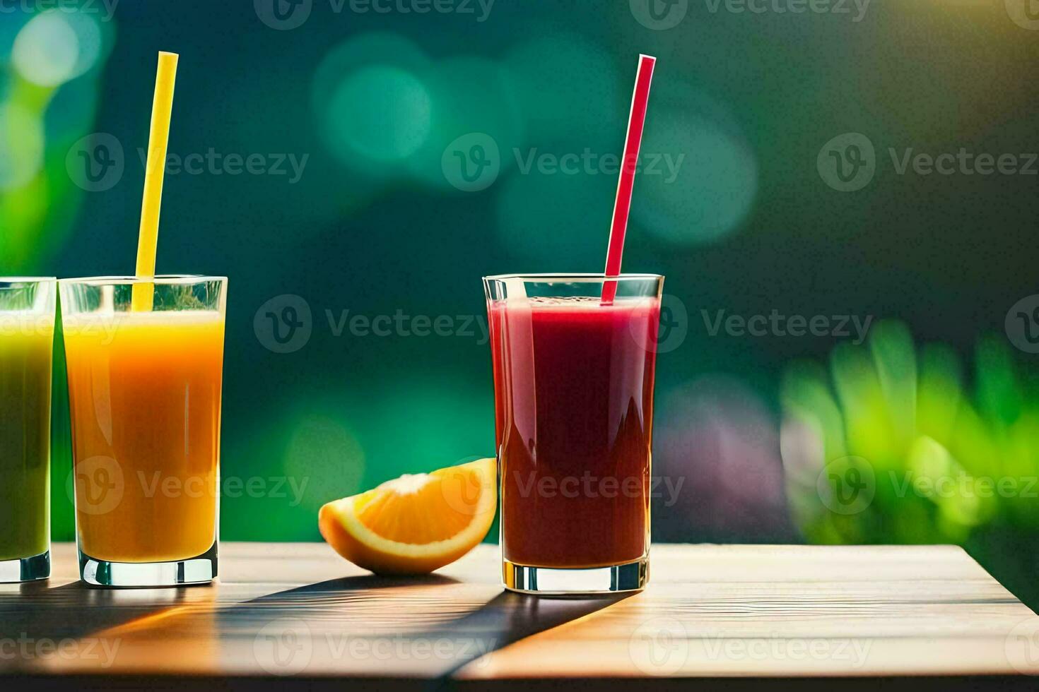 three glasses of juice with orange slices on a table. AI-Generated photo