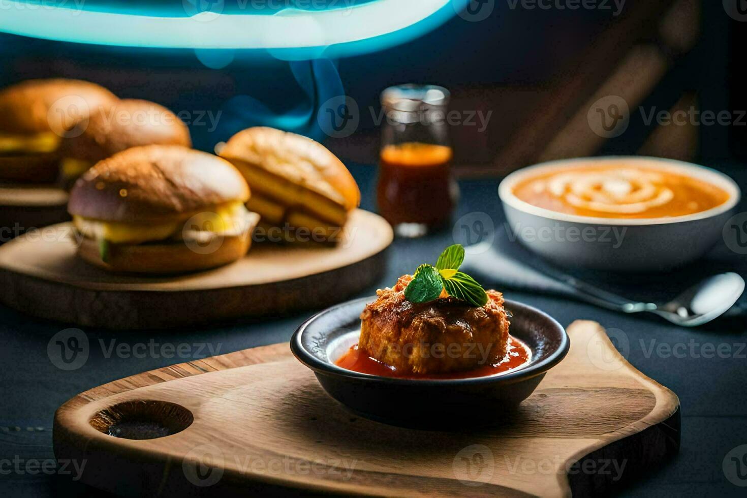 a wooden board topped with a bowl of soup and two hamburgers. AI-Generated photo