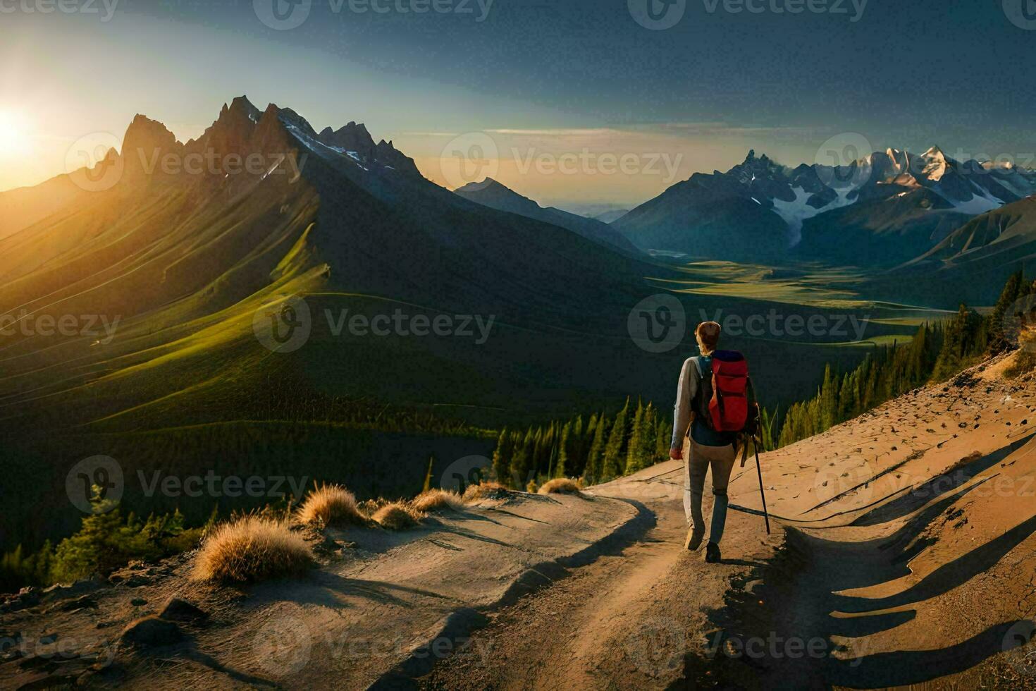 a man with a backpack walks up a mountain trail. AI-Generated photo