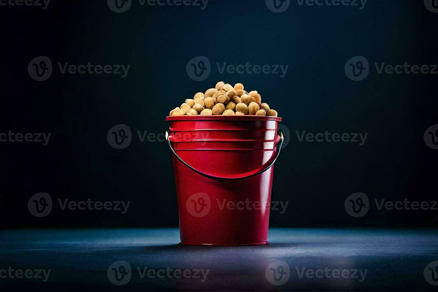 a red bucket filled with peanuts on a dark background. AI-Generated photo