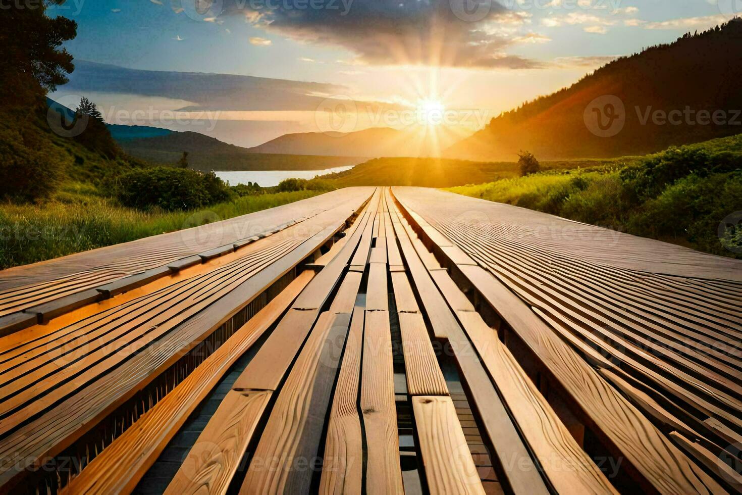 a wooden bridge with the sun setting behind it. AI-Generated photo