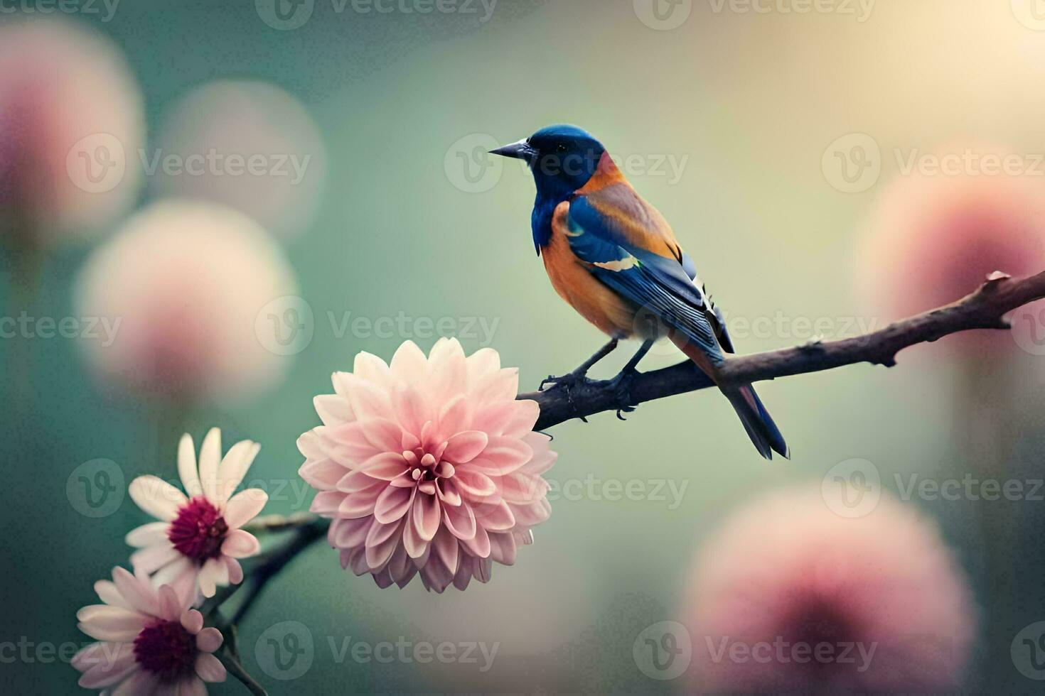 a bird sits on a branch with pink flowers. AI-Generated photo