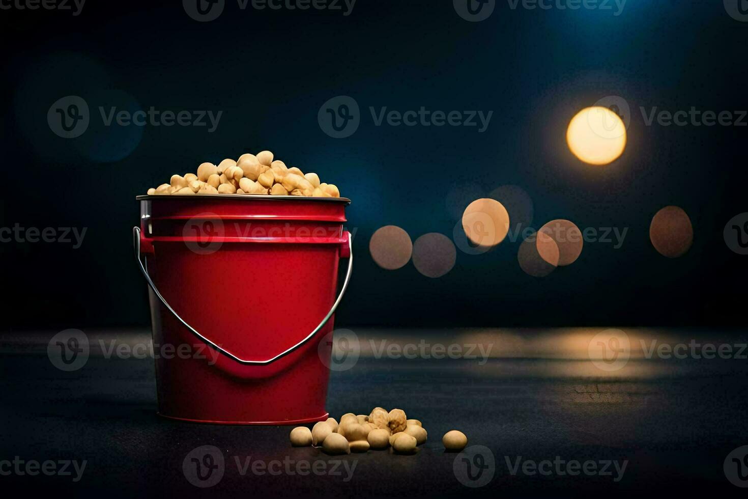 a red bucket filled with peanuts on a dark table. AI-Generated photo