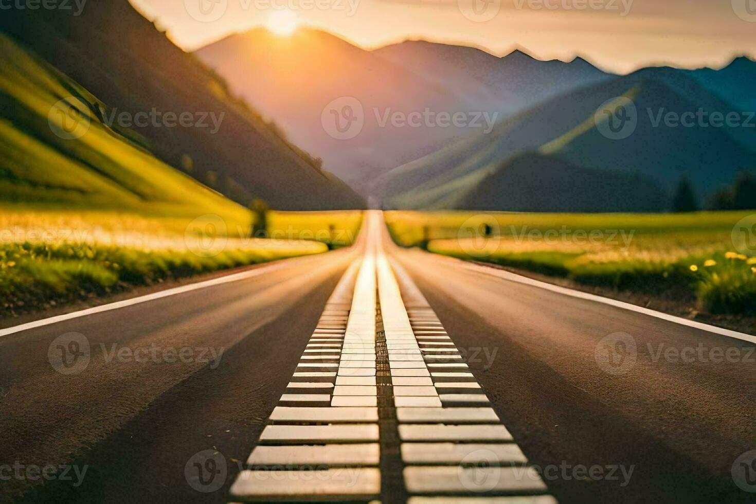 a long empty road in the mountains with the sun setting. AI-Generated photo