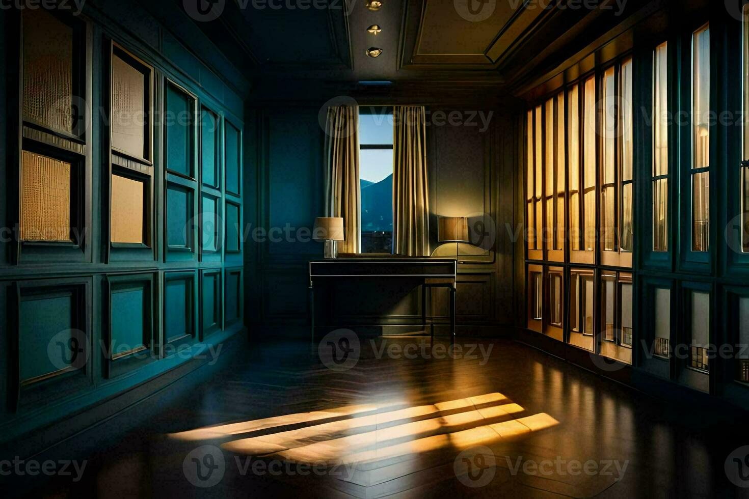 a room with blue walls and wooden floors. AI-Generated photo