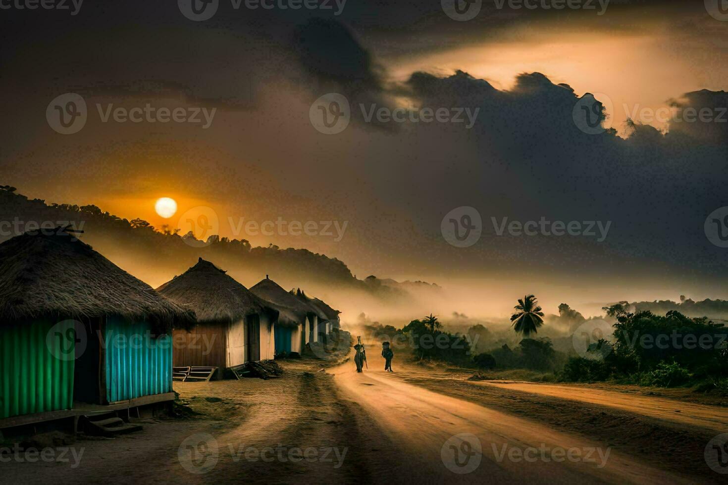 the sun sets over a village with huts and trees. AI-Generated photo