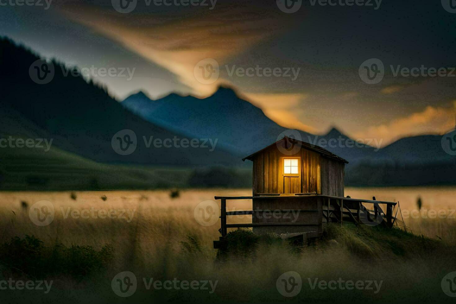 a small hut in the middle of a field with mountains in the background. AI-Generated photo