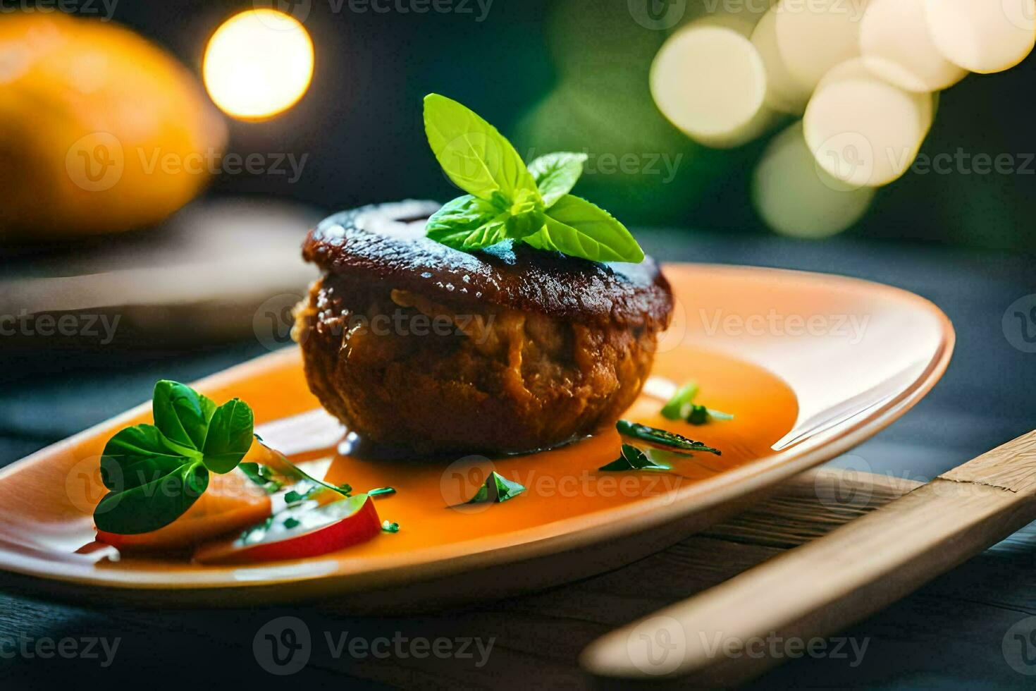 un plato con un albóndiga en parte superior de un salsa. generado por ai foto