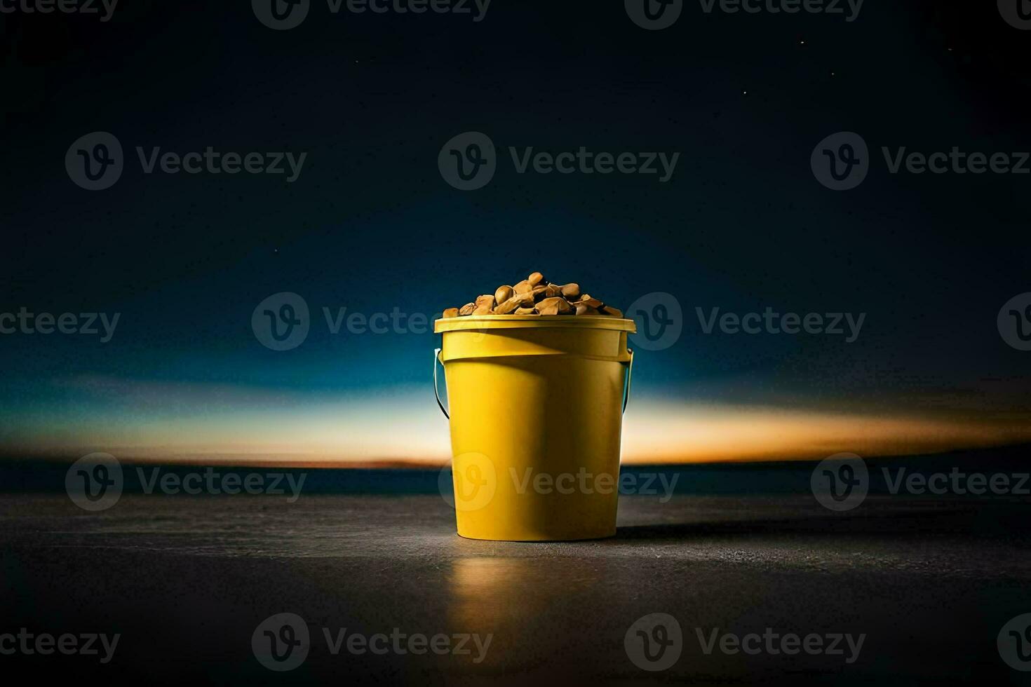 a bucket of peanuts on a dark night. AI-Generated photo