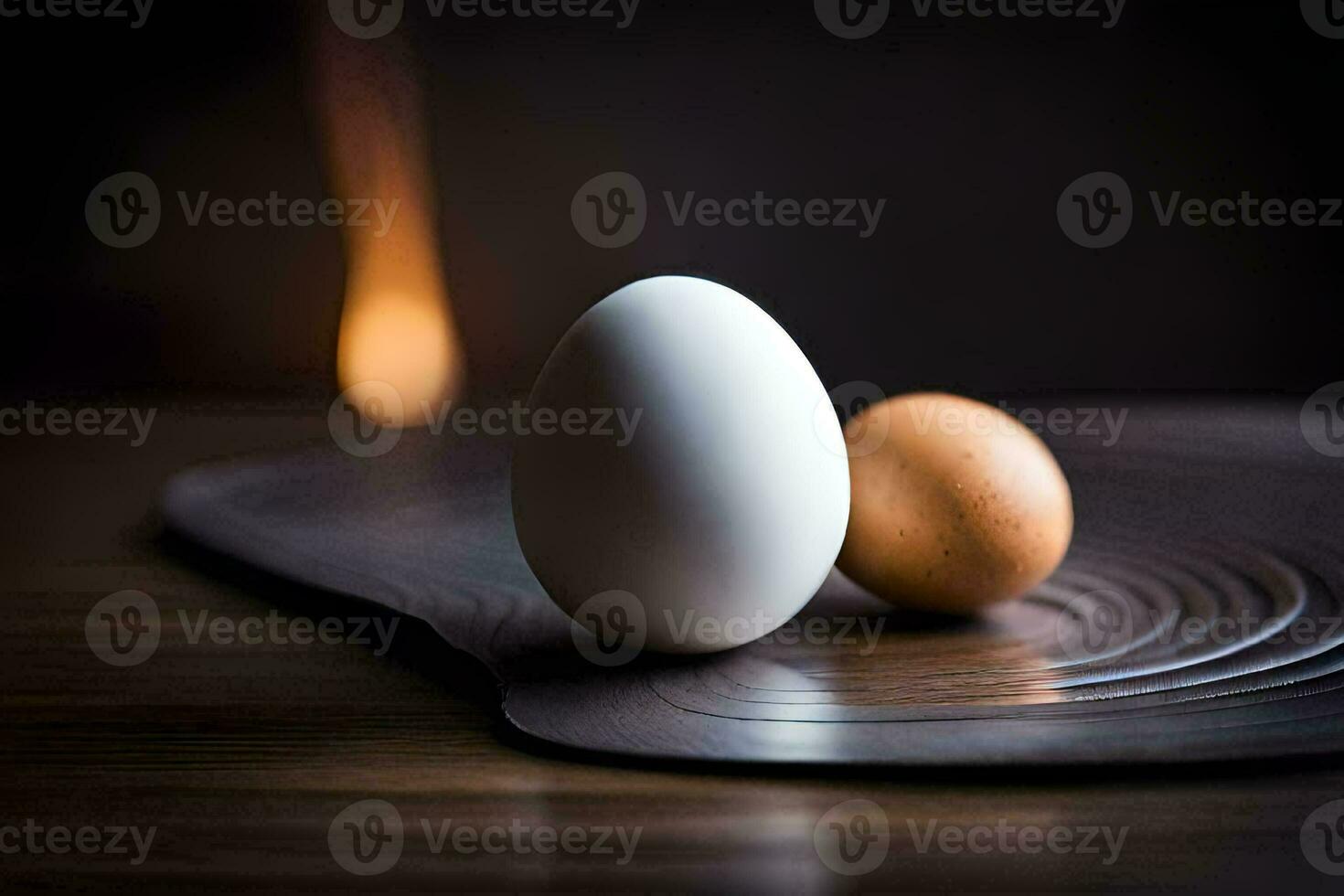 two eggs on a black plate with a candle in the background. AI-Generated photo