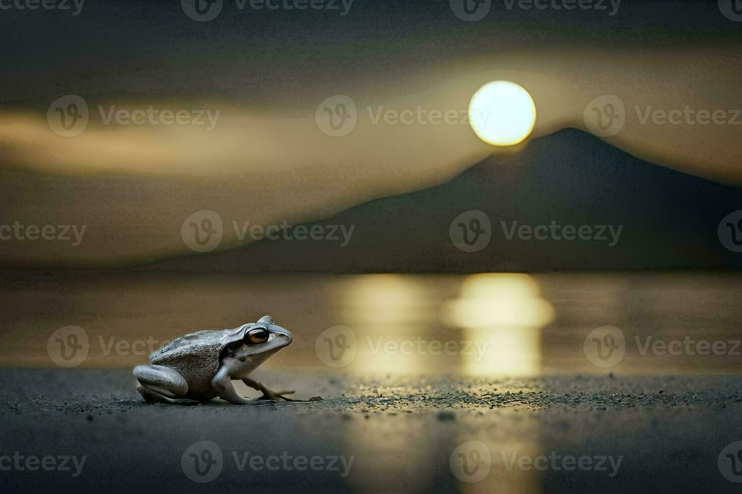 a frog sitting on the ground in front of a mountain. AI-Generated photo