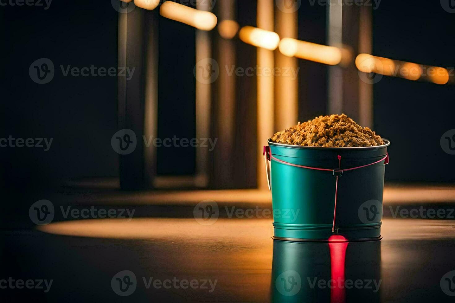 a bucket of sand on a table. AI-Generated photo