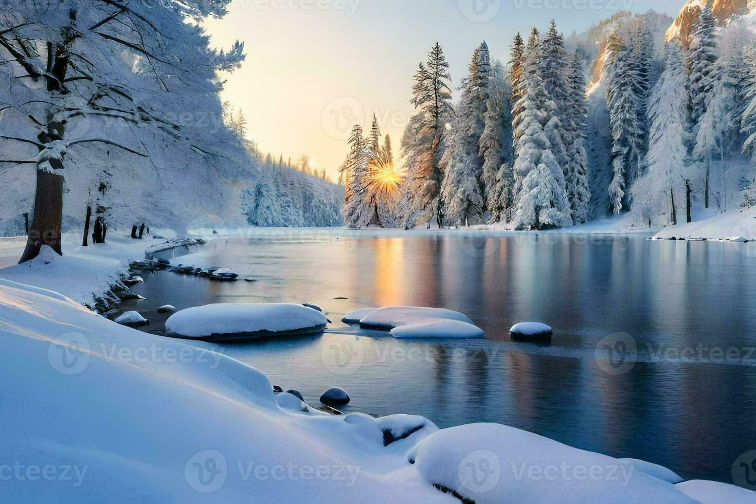 winter landscape with snow covered trees and river. AI-Generated photo