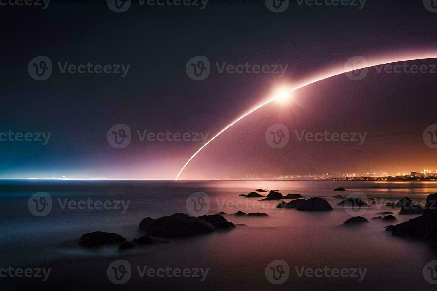a rocket is seen in the sky over the ocean. AI-Generated photo