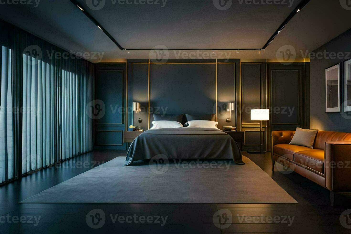 a bedroom with dark walls and a bed. AI-Generated photo