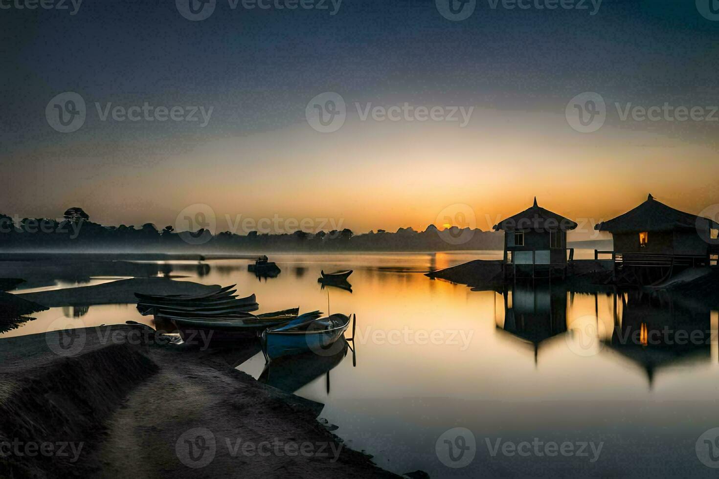 boats are docked on the shore at sunrise. AI-Generated photo