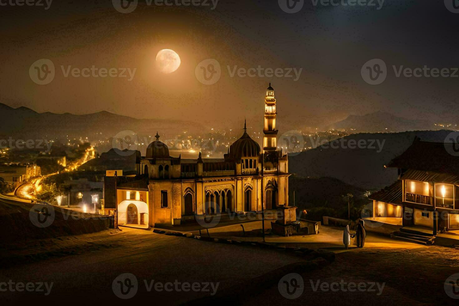 the moon is shining brightly over a mosque in the middle of a town. AI-Generated photo