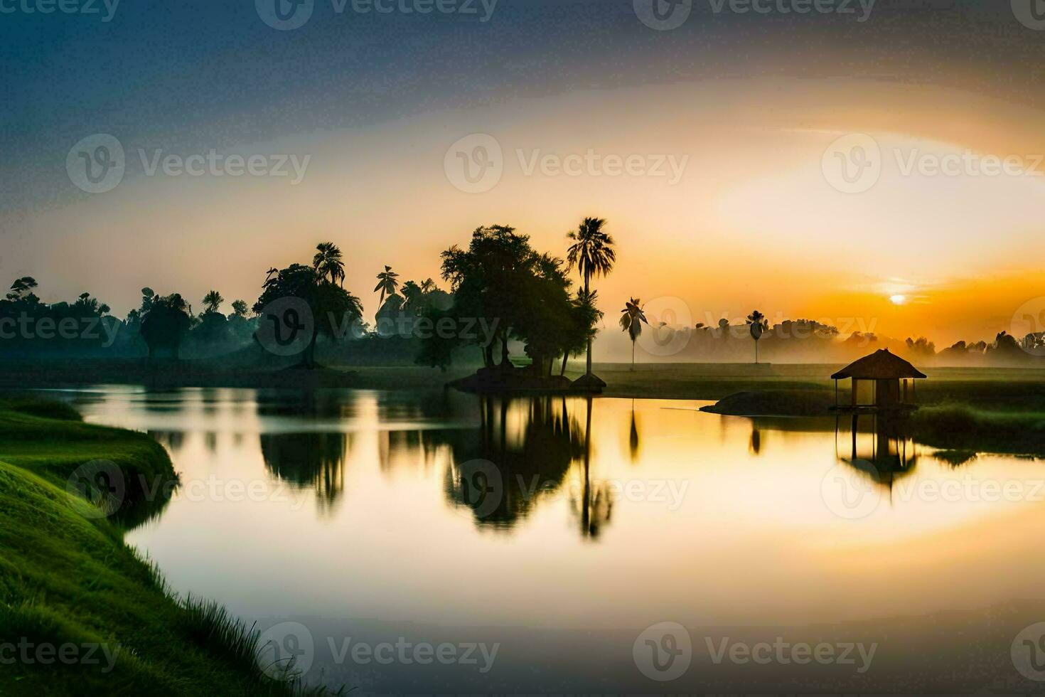 the sun rises over a lake and a golf course. AI-Generated photo