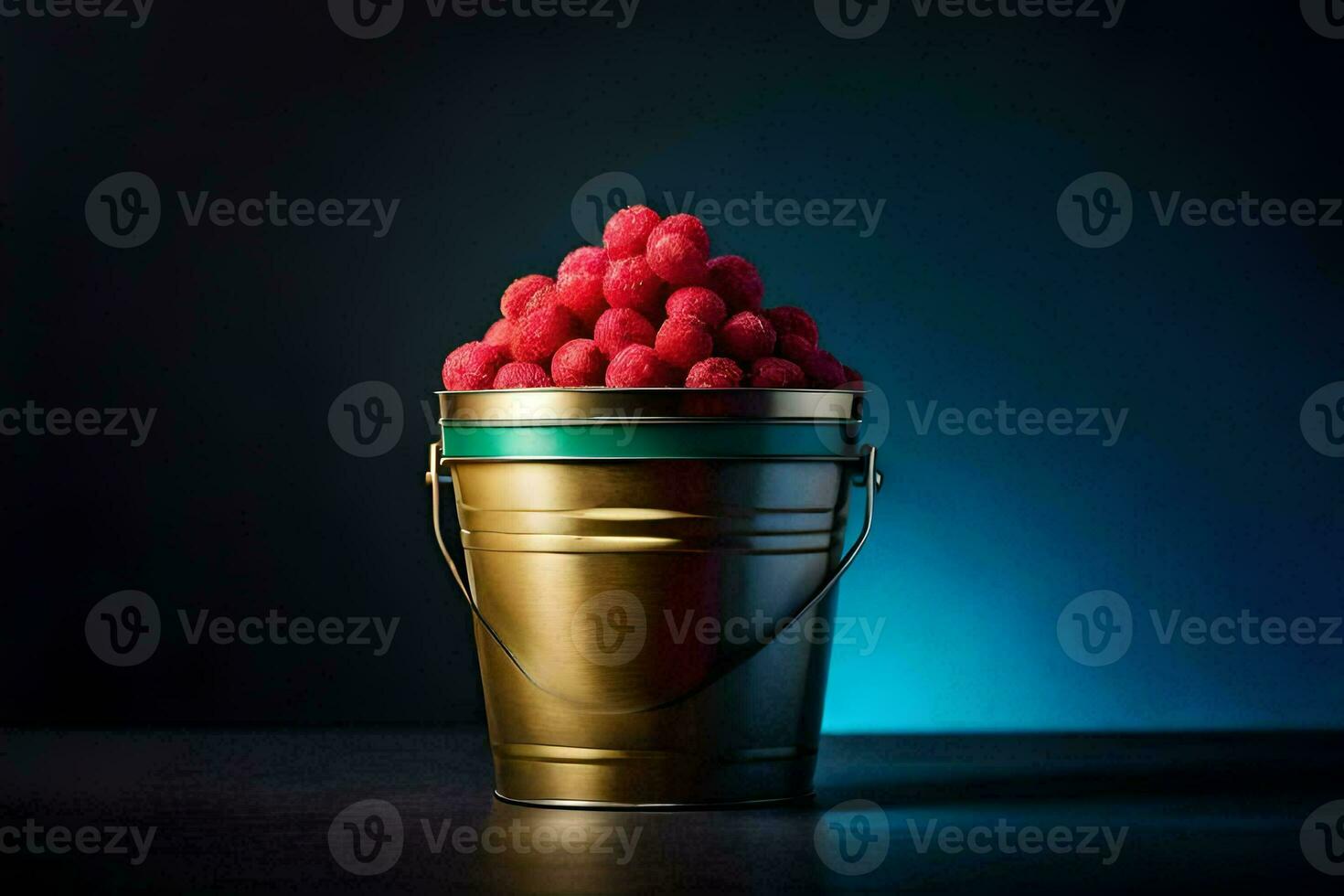 a bucket of raspberries on a table. AI-Generated photo