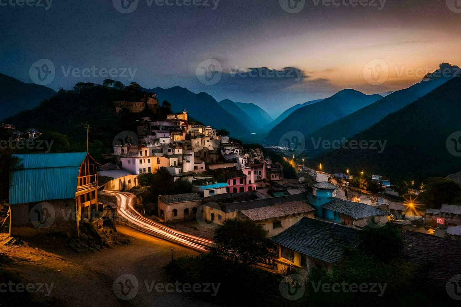 un pueblo en el montañas a oscuridad. generado por ai foto