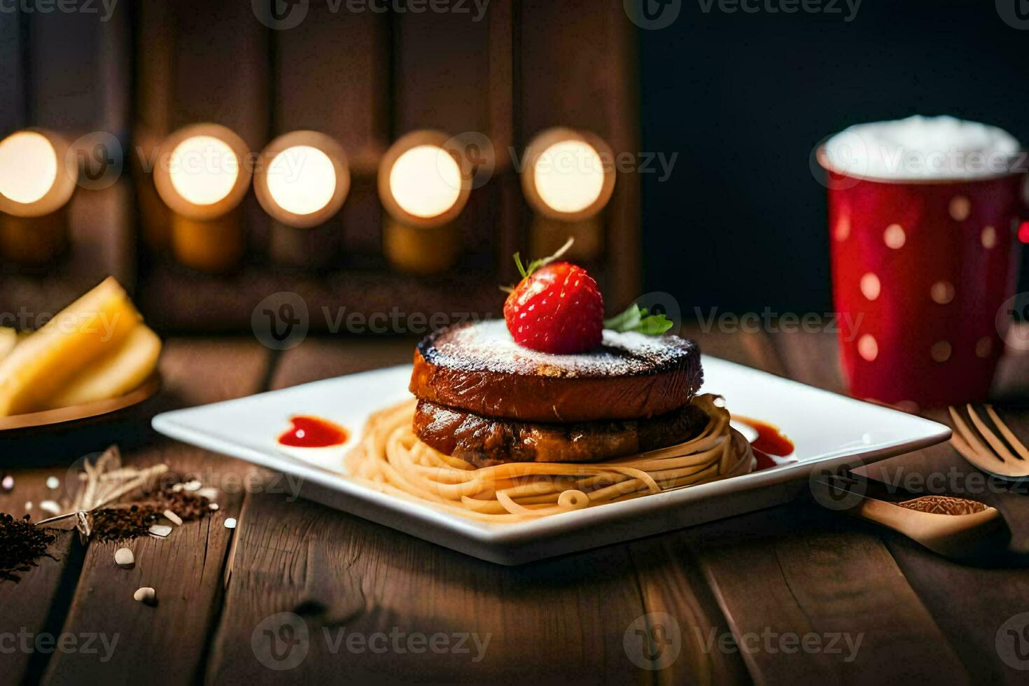 a plate with spaghetti and a strawberry on it. AI-Generated photo