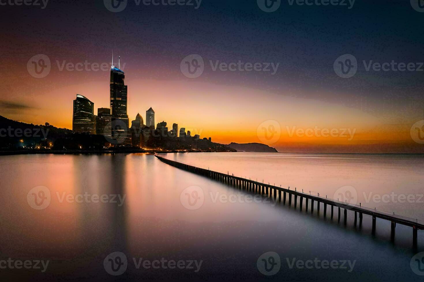 el ciudad horizonte es visto en el distancia a puesta de sol. generado por ai foto
