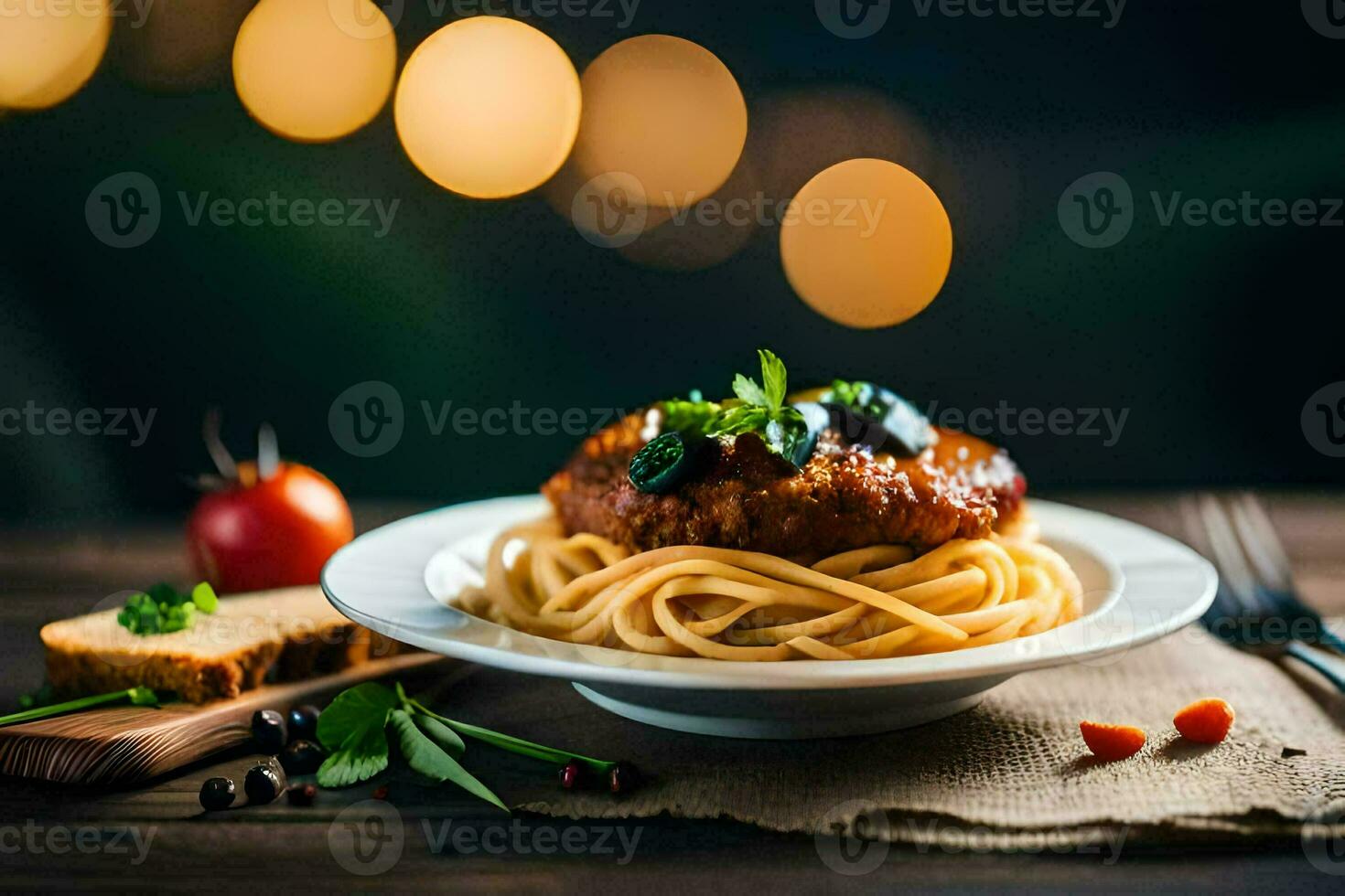 spaghetti with meatballs and tomato sauce on a plate. AI-Generated photo