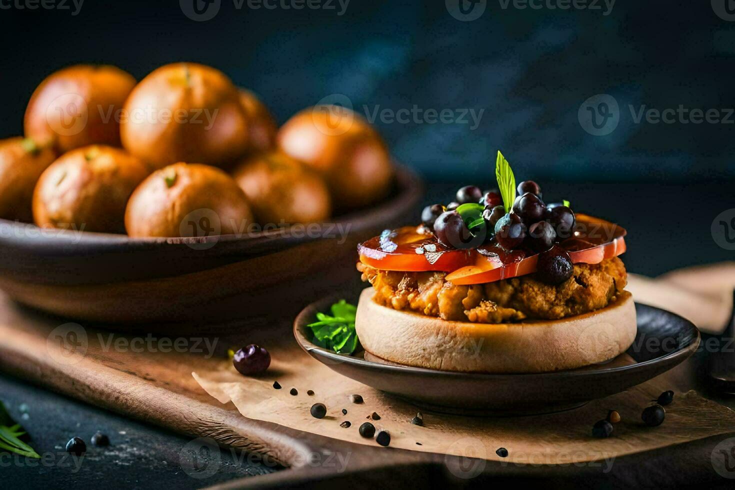 a plate of food with a small apple on top. AI-Generated photo