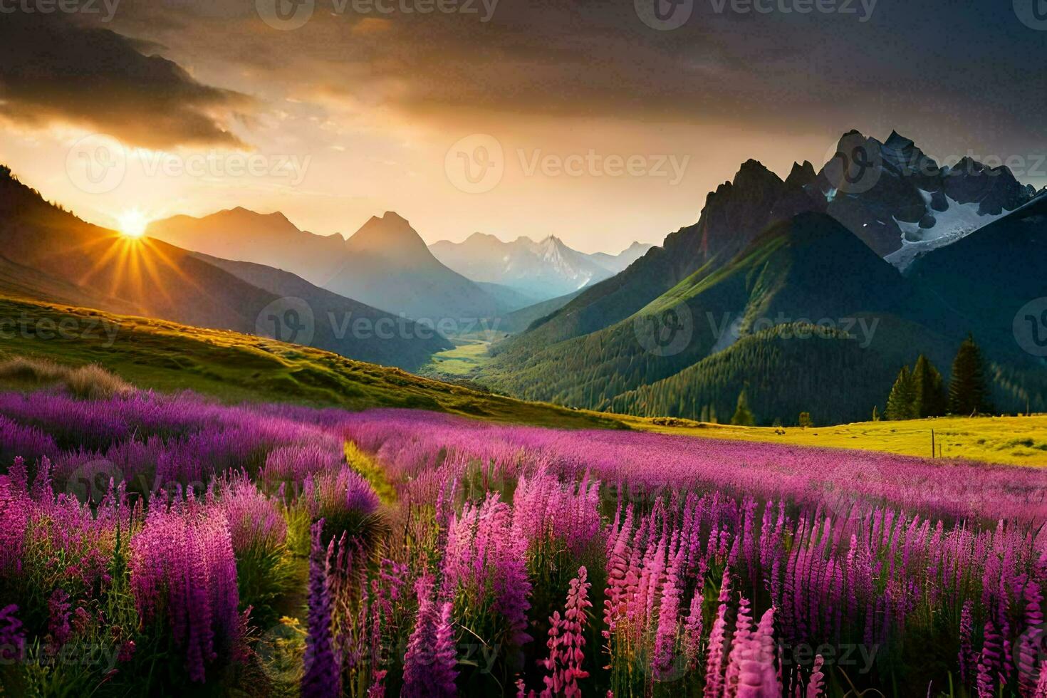 photo wallpaper mountains, the sun, flowers, flowers, flowers, flowers, flowers, flowers,. AI-Generated