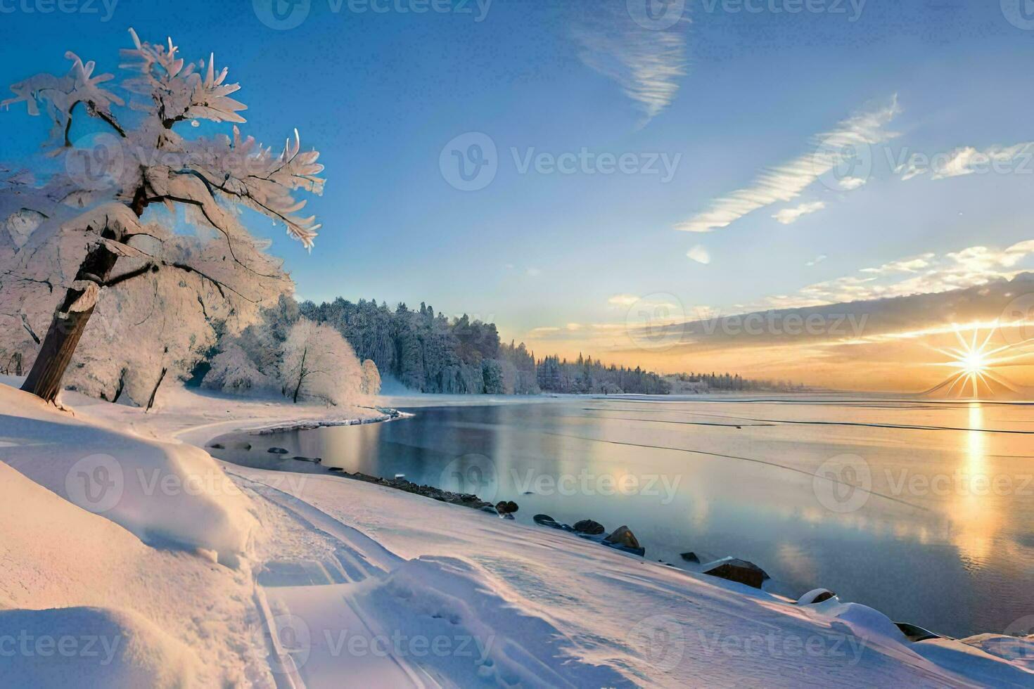 winter landscape with trees and water. AI-Generated photo