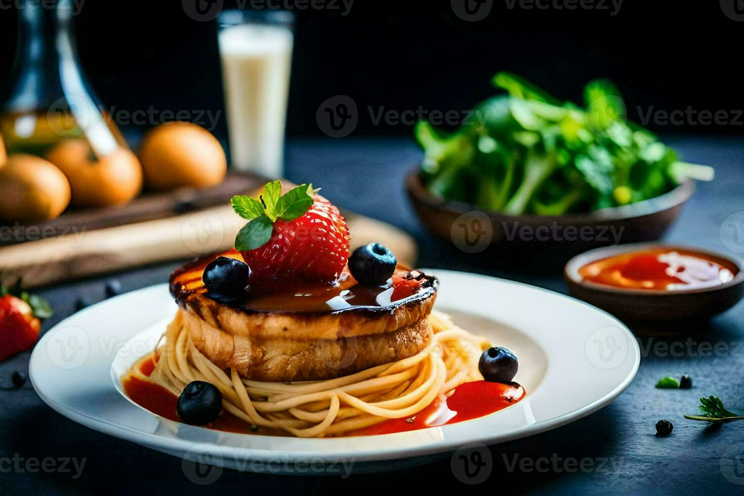the food is served on a plate with a fork and a knife. AI-Generated photo