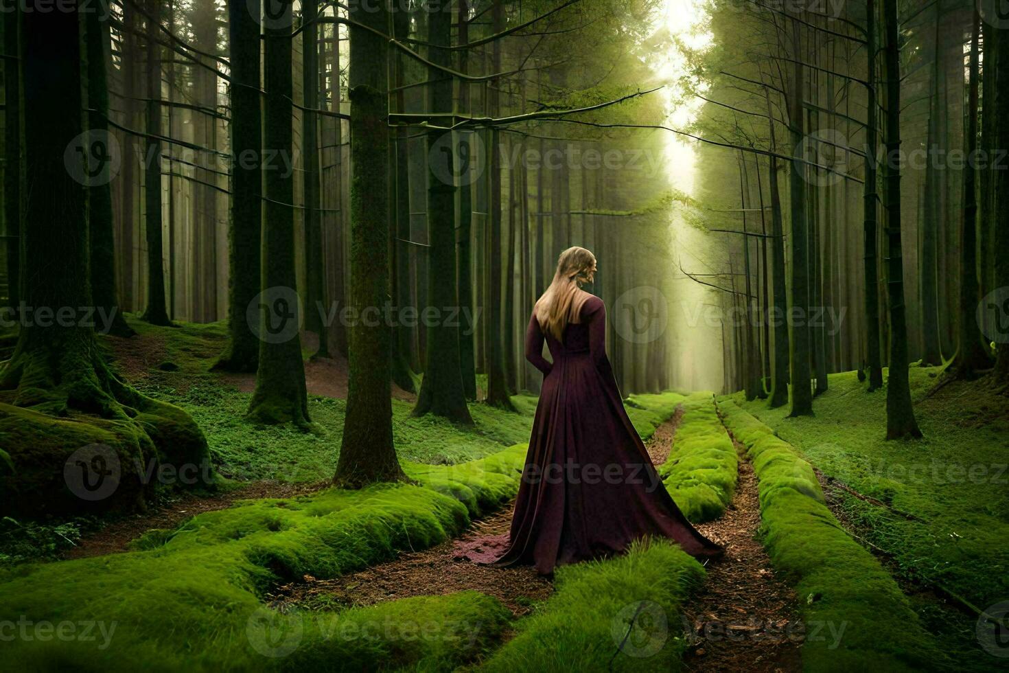 a woman in a long dress is walking through a forest. AI-Generated photo