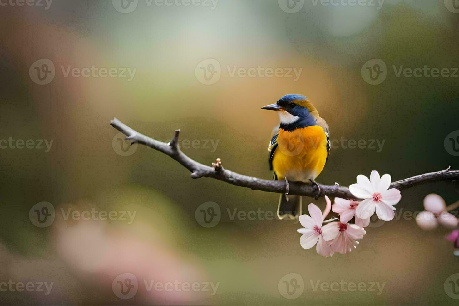 a bird sits on a branch with pink flowers. AI-Generated photo