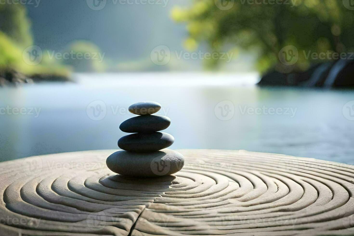 a stack of stones sitting on top of a circular stone table. AI-Generated photo
