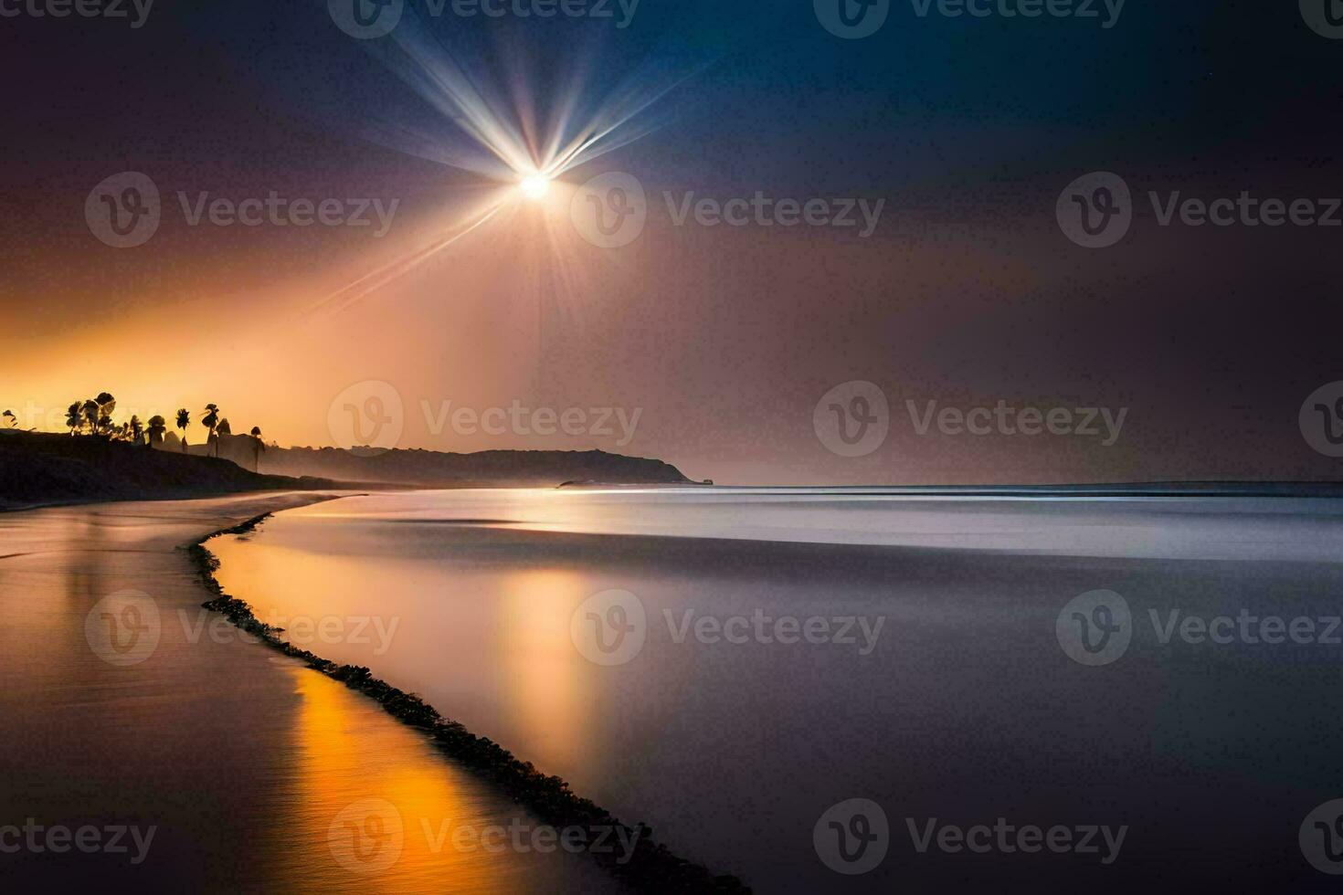 the sun shines over the ocean and the beach at night. AI-Generated photo
