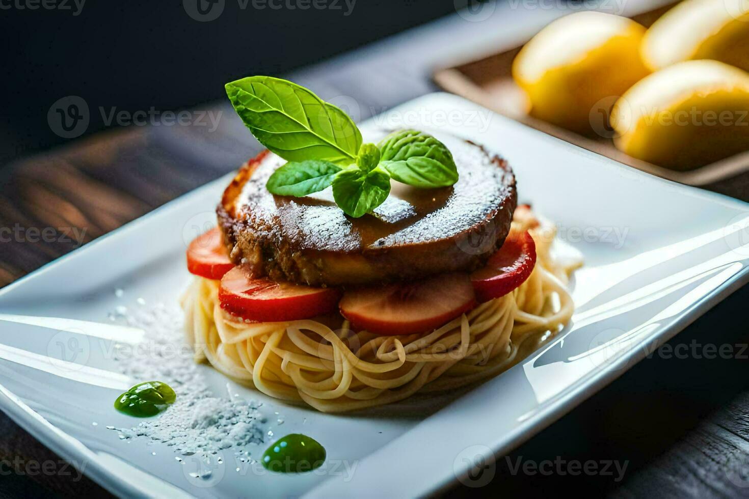 a plate with spaghetti and meat on it. AI-Generated photo