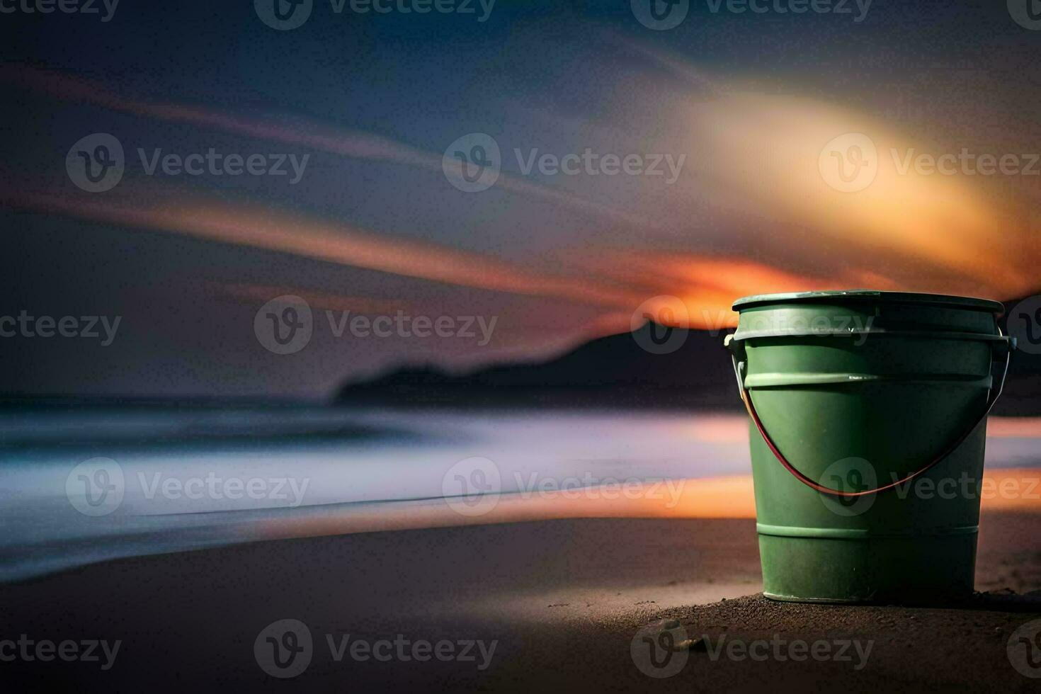 a green bucket on the beach at sunset. AI-Generated photo