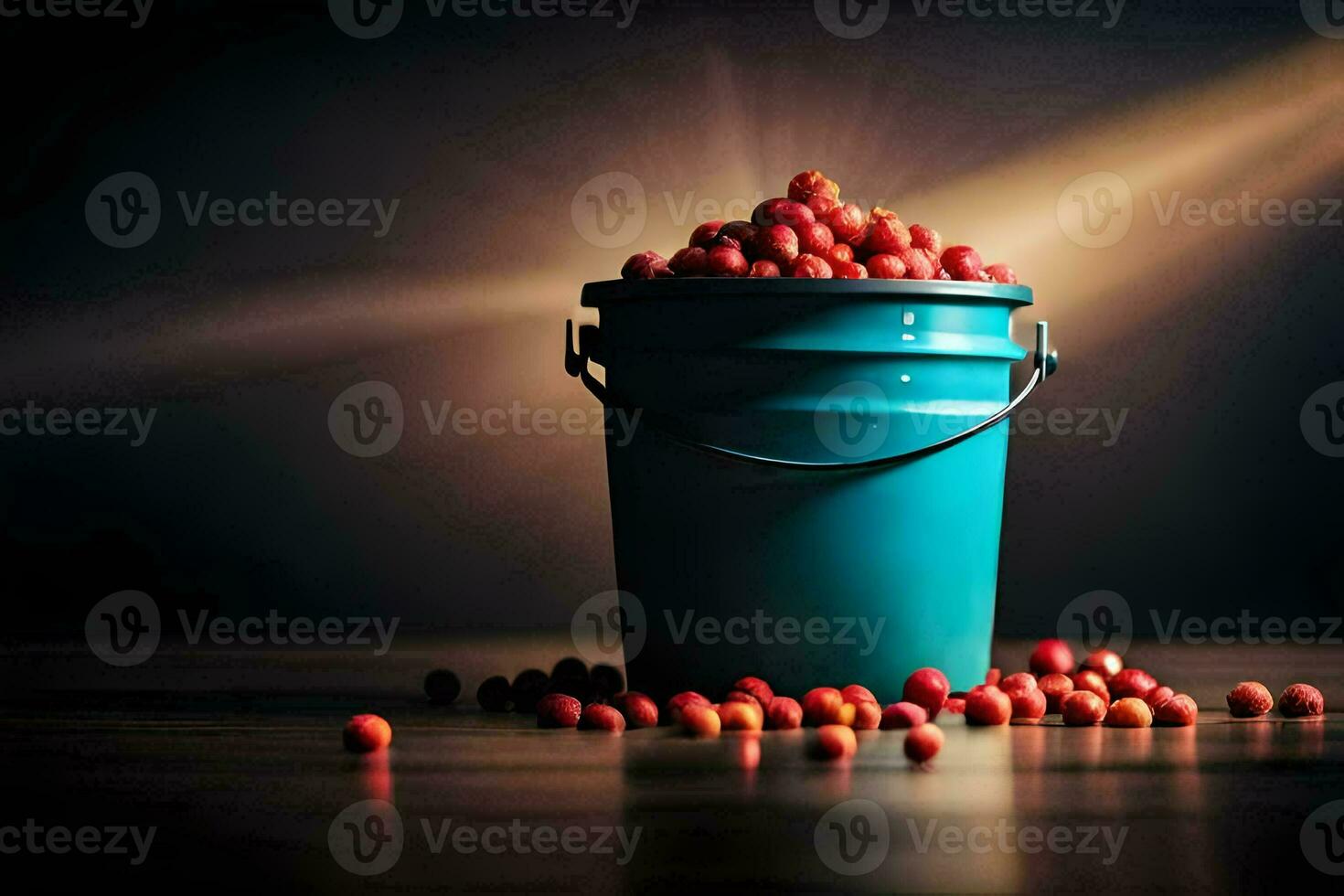 a bucket filled with red berries on a table. AI-Generated photo