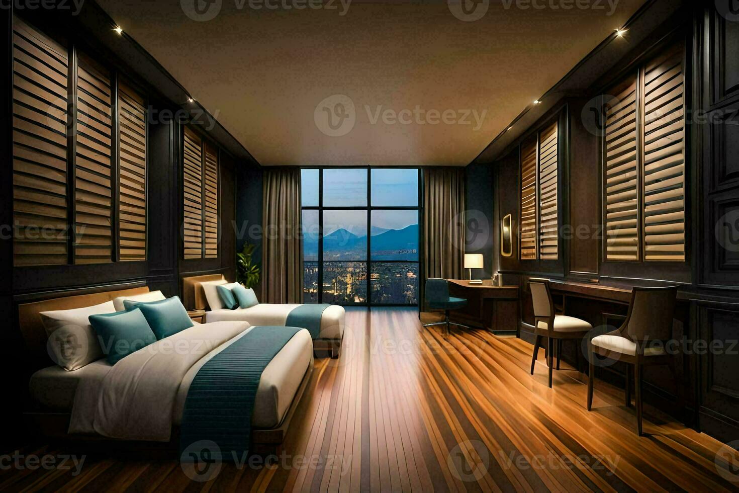 a hotel room with two beds and a view of the city. AI-Generated photo