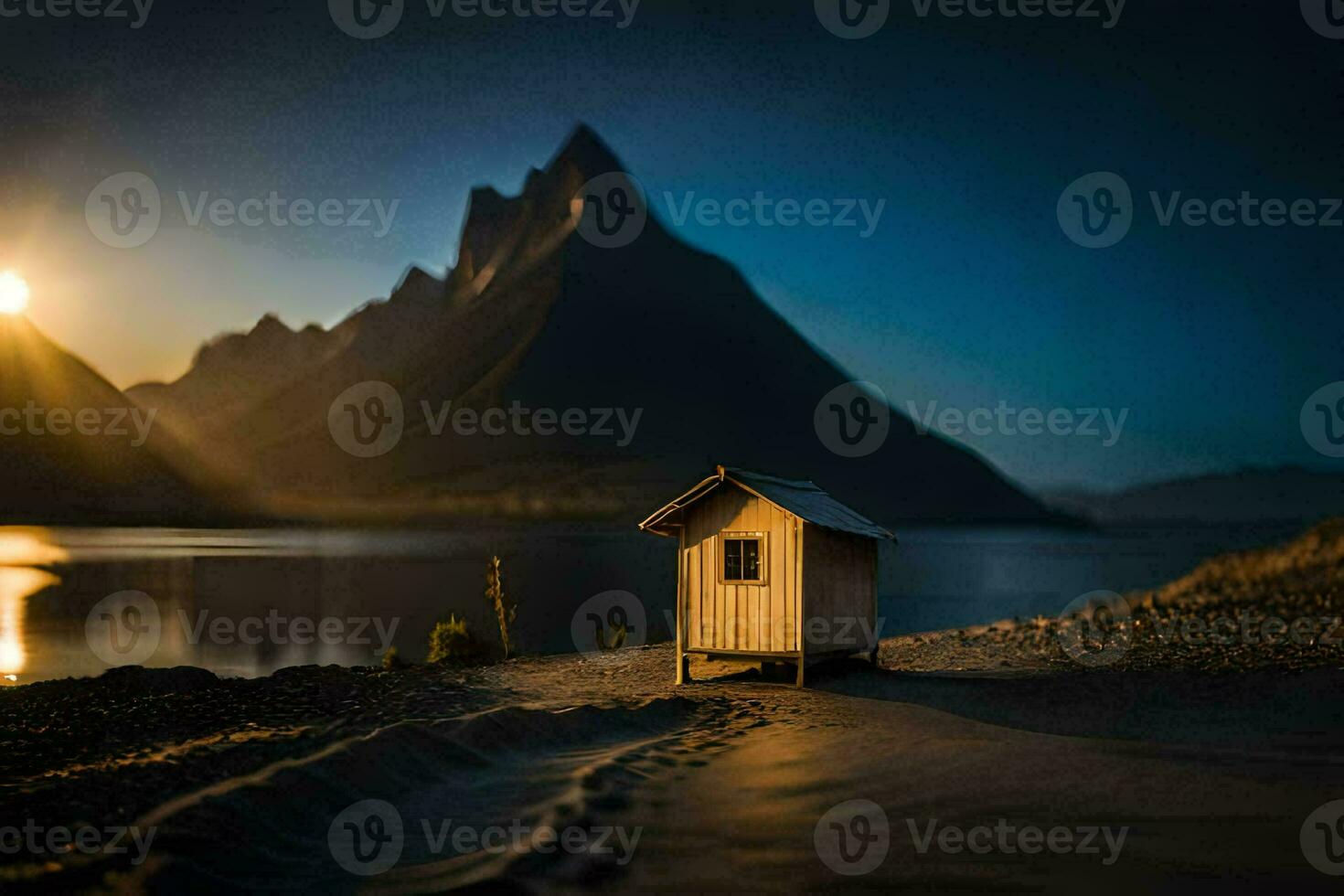 the sun sets over the mountains and the hut in the foreground. AI-Generated photo