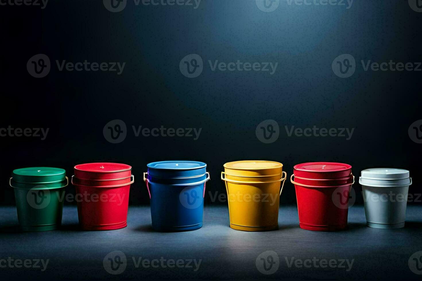 a row of colorful buckets on a dark background. AI-Generated photo