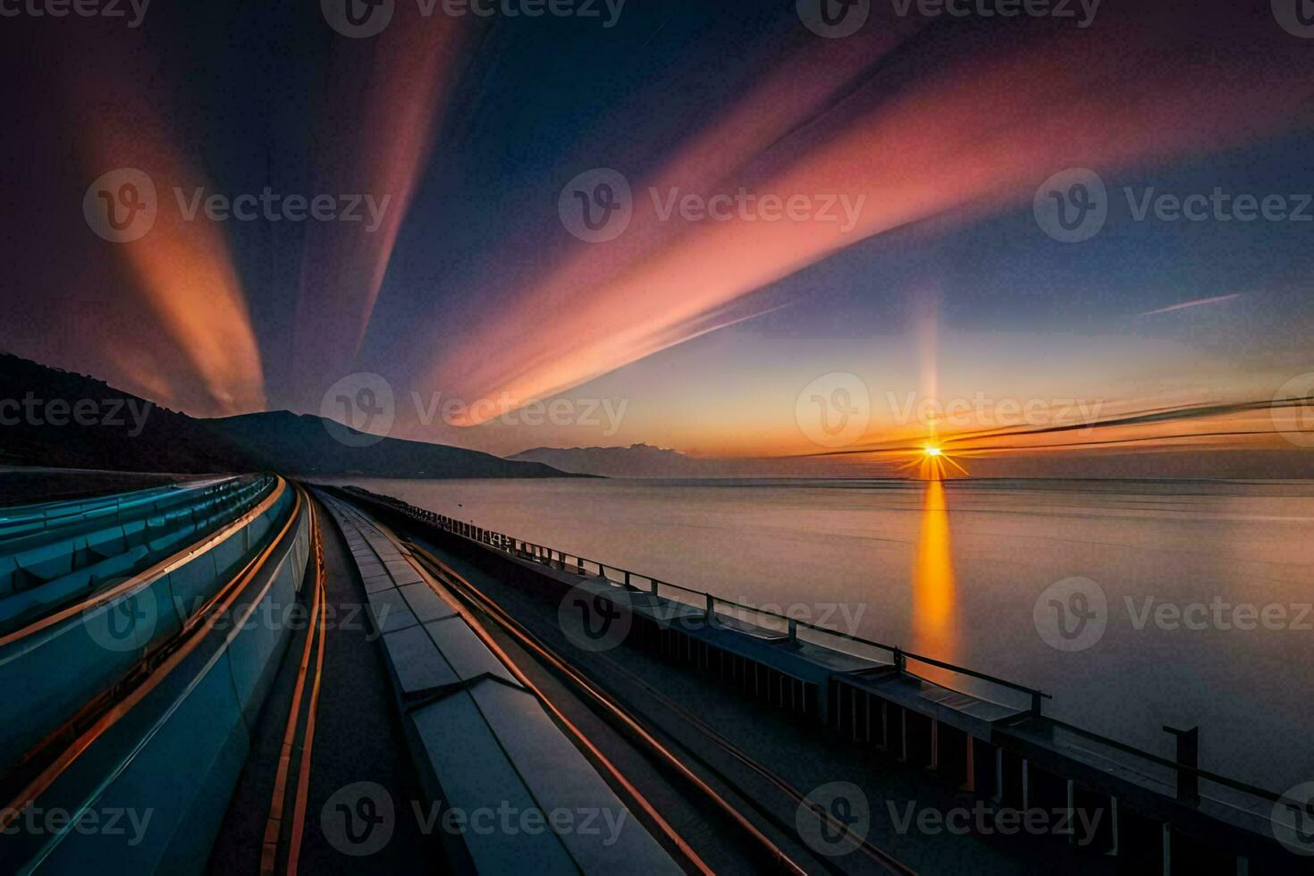 a train going down a track at sunset. AI-Generated photo